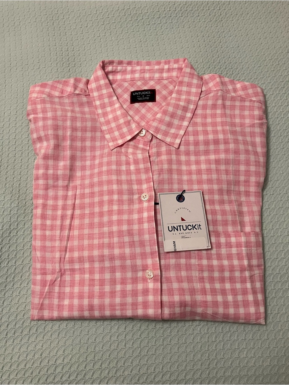 Women’s UNTUCKit Calina Pink White Gingham Long Sleeve Shirt NWT Size 8